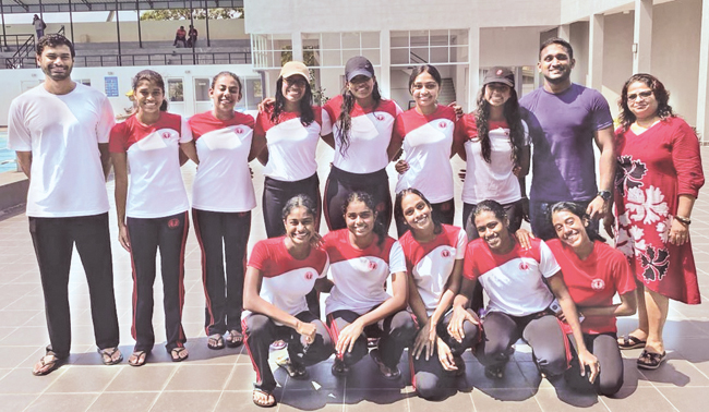 Ladies’ College Under-19 Water Polo Team: Front Row (from left): Meha Balendra, Tharuki Kalansooriya, Ayahna Amarasinghe, Chrishel Robin, Shanessa Adams. Back Row (from left): Coach Isura Kahadawala, Rahell Dias, Treasa Adams, Karishma Hewavisenthi (vice captain), Kyasha Kulakulasuriya (captain), Seneha Warnakulasuriya, Sithaarah Zuhair, Kanishka Fernando (Coach), Irosha Fernando (Teacher-in-Charge). Not present - Aneeka Sumanathilake (vice captain). 