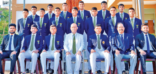 Sri Sumangala College cricket team: Seated from left: Asela Perera (Head coach) Kavindu Gayantha (V.Capt), Vidusha Pieris (Capt), Raveendra Pushpakumara (Principal), Vishwa Lahiru, Priyankara Nandasena (MIC), Dinuka Hodakanda (Assistant coach). Standing middle row from left: Akila Wedamulla, Senira Wijegunasinghe, Manmitha Kahapalarachchi, Rasika Dilshan, Duranka Silva, Krishan Eranga, Mevindu Kumarasiri. Standing back row from left: Anuhas de Silva, Bihanga Silva, Dinal Weerasinghe, Sandeep Weerasinghe, Rusith Jayawardene, Niksha Iddamalgoda.